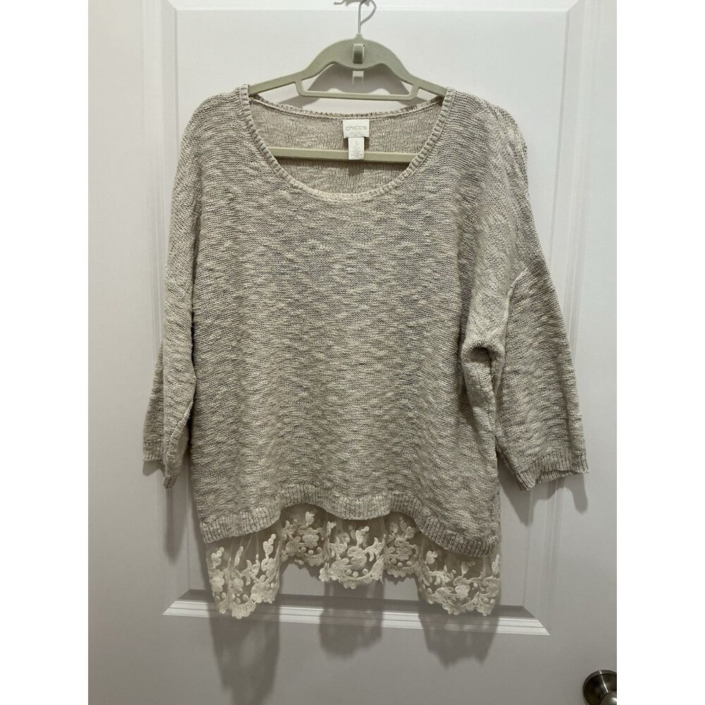 Chicos Sweater Size 3 (XL) Women's Beige Lace Trim At Bottom Minimalist